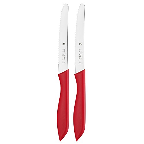 WMF - Juego de 2 cuchillos de desayuno, 23 cm, cuchillo para panecillos con filo ondulado, cuchillo para pan, hoja especial, mango de plástico, color rojo