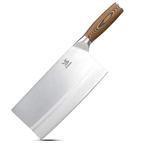 MSY BIGSUNNY Cuchillo de chef chino, longitud de la hoja: 20,5 cm, hoja grande, acero al carbono, mango de madera.