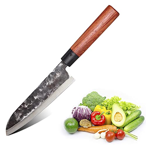 Cuchillo de Cocina 18 cm - Cuchillo Japonés hoja de acero martillado 2,5 mm - Dureza 58 HRC - Cuchillo Profesional multiusos - Mango de palisandro - Caja de regalo de madera