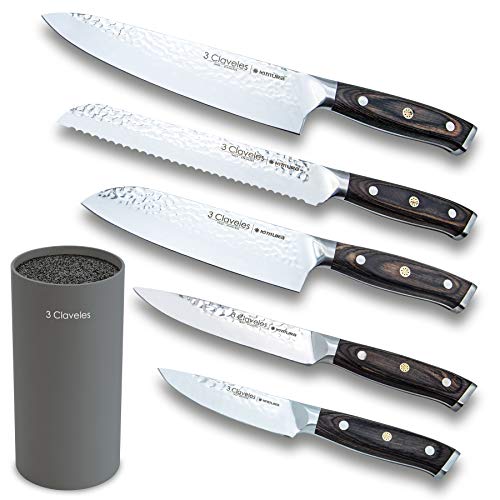 3 Claveles Juego de 5 cuchillos de cocina profesionales de acero inoxidable cuchillos de cocinero con soporte cuchillos de fibras kimura